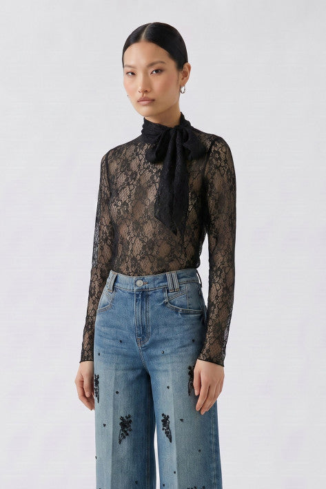 Oui Spitzenshirt mit Spitzenband - black