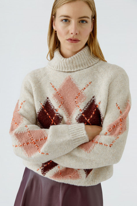 Oui Rauten-Rollkragen Pullover - lightstone/red